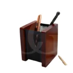 Brown Organizer Wooden With Mesh Metal Pen Holder