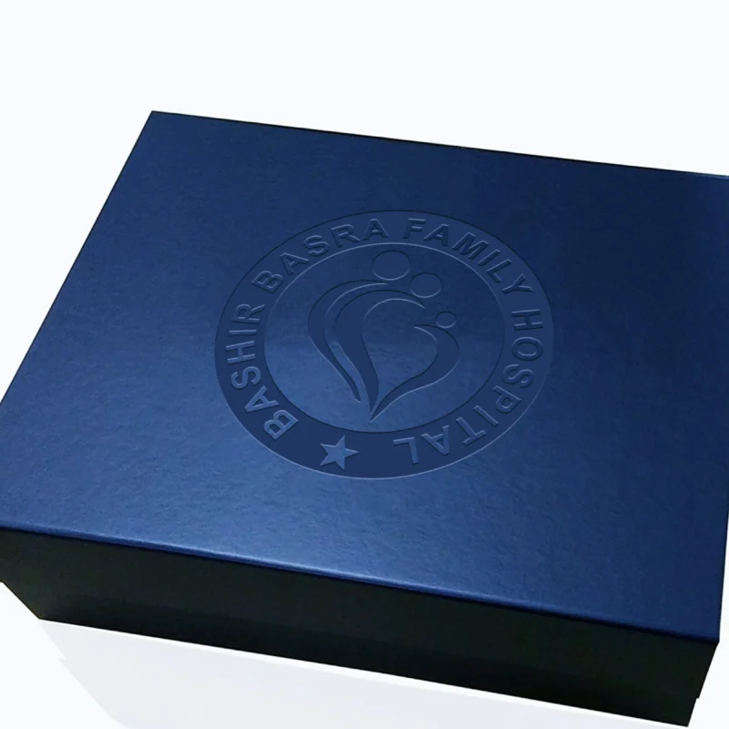 Hospital branded corporate gift box with logo, featuring a clean and professional design