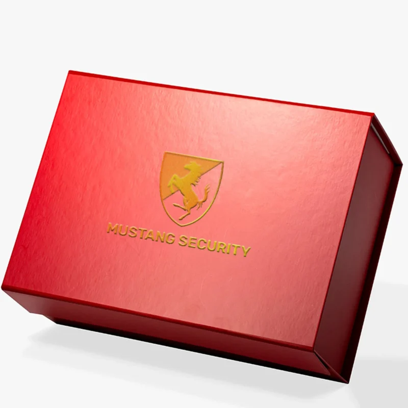 Mustang Security branded corporate gift box with logo, featuring a bold and professional design