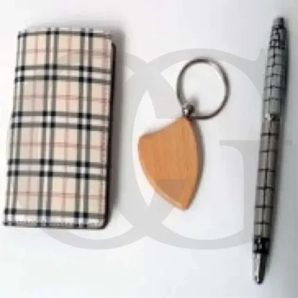 Desk Set With Wooden Keychain , Card Holder And Silver Pen