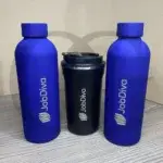 Sleek, stainless steel LuxeBrew Tumbler with insulated design for hot and cold beverages.