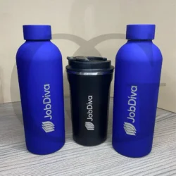 Sleek, stainless steel LuxeBrew Tumbler with insulated design for hot and cold beverages.