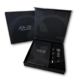 Elite Impact Box – premium corporate gift set with notebook, metal pen, and keychain in elegant packaging.