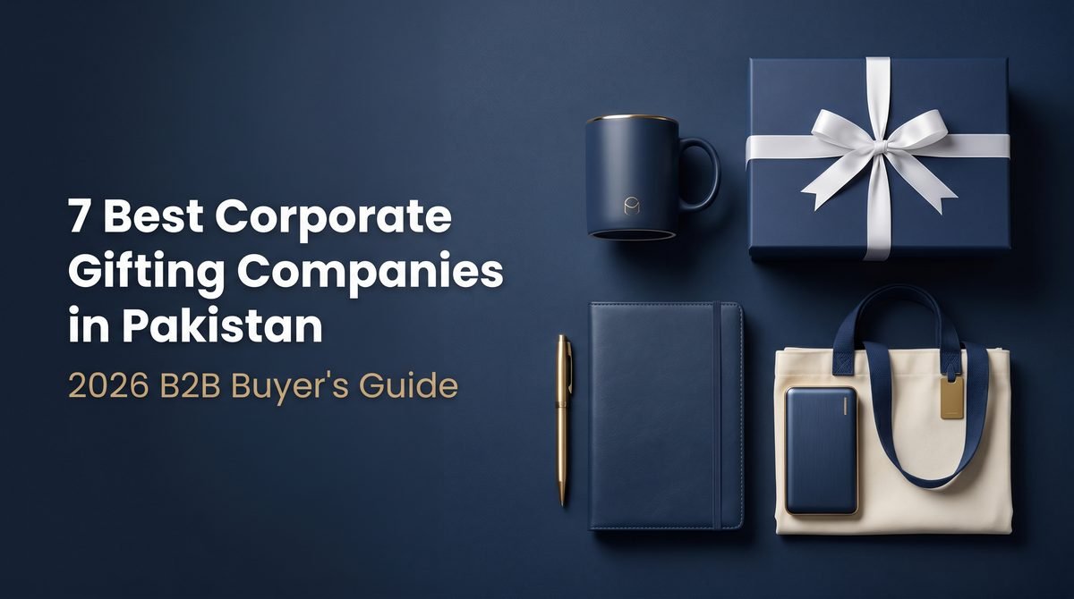 Premium corporate gifts flat-lay — navy gift box with ribbon, branded mug, leather notebook, gold pen, power bank and tote bag — best corporate gifting companies in Pakistan 2026.