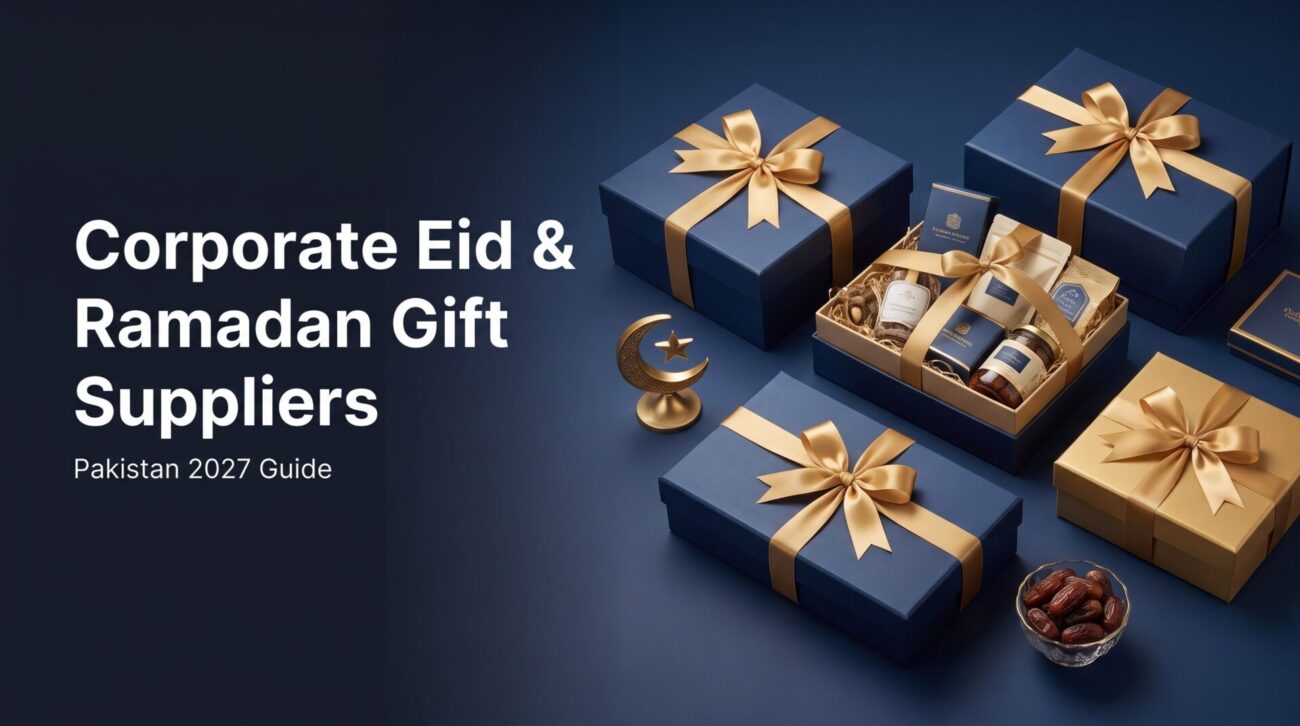 Premium branded corporate Eid and Ramadan gift boxes and hamper with gold ribbons, crescent moon ornament and dates from a supplier in Pakistan