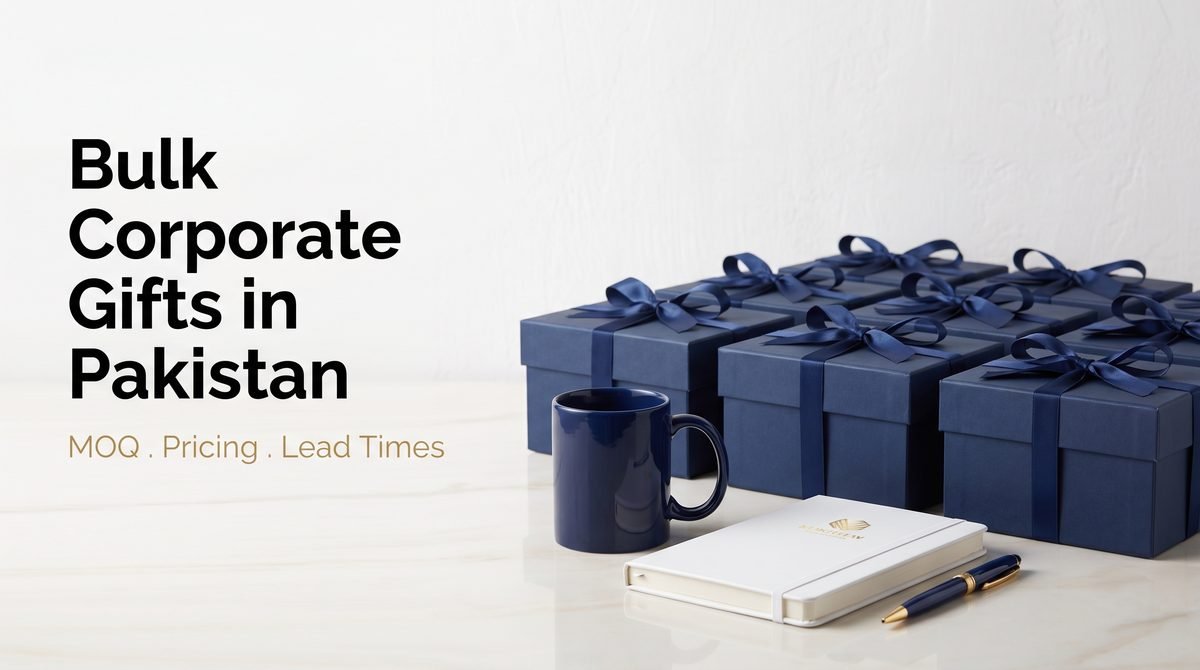 Rows of premium navy corporate gift boxes with ribbons, plus a branded mug, leather notebook and pen — bulk corporate gifts in Pakistan.