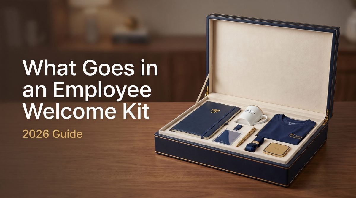 Open premium employee welcome kit box with leather notebook, branded mug, pen, t-shirt, ID lanyard and a tech accessory — what goes in an employee welcome kit.