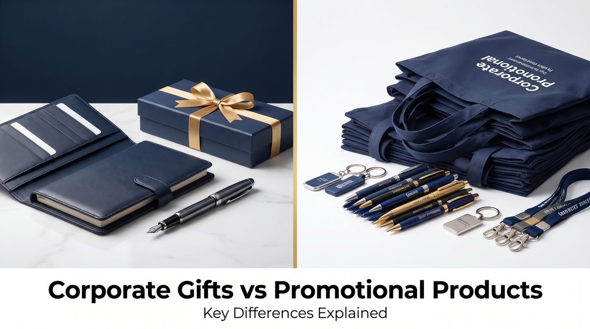Split image comparing an executive corporate gift with promotional products — corporate gifts versus promotional products.