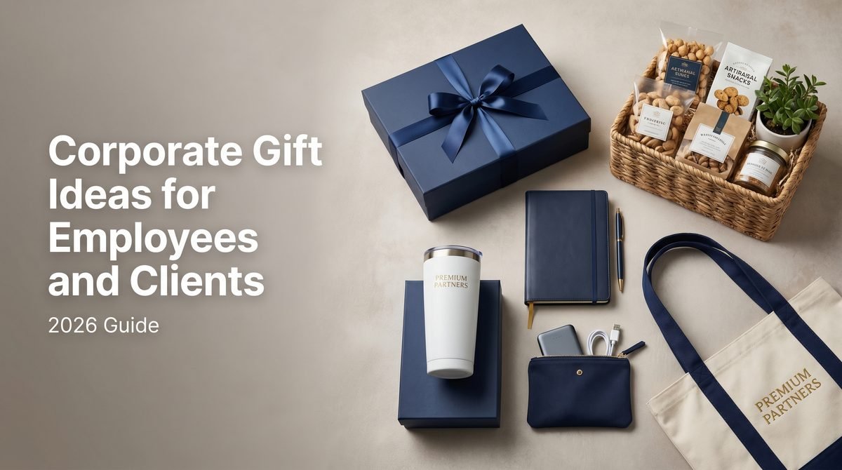 A spread of corporate gift ideas — navy gift box, drinkware, leather notebook, tech accessories, tote bag and a hamper for employees and clients.