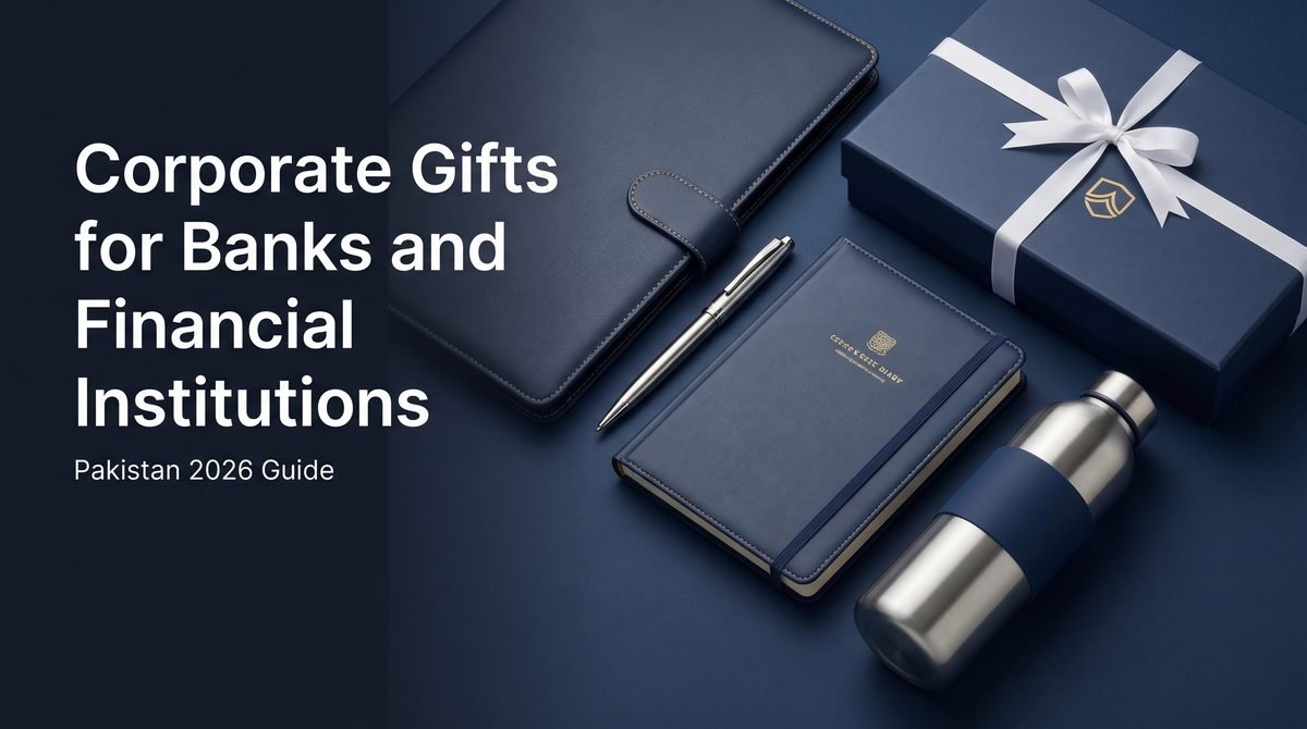 Premium corporate gifts for banks — navy leather portfolio, executive pen, branded desk diary, metal bottle and a gift box.