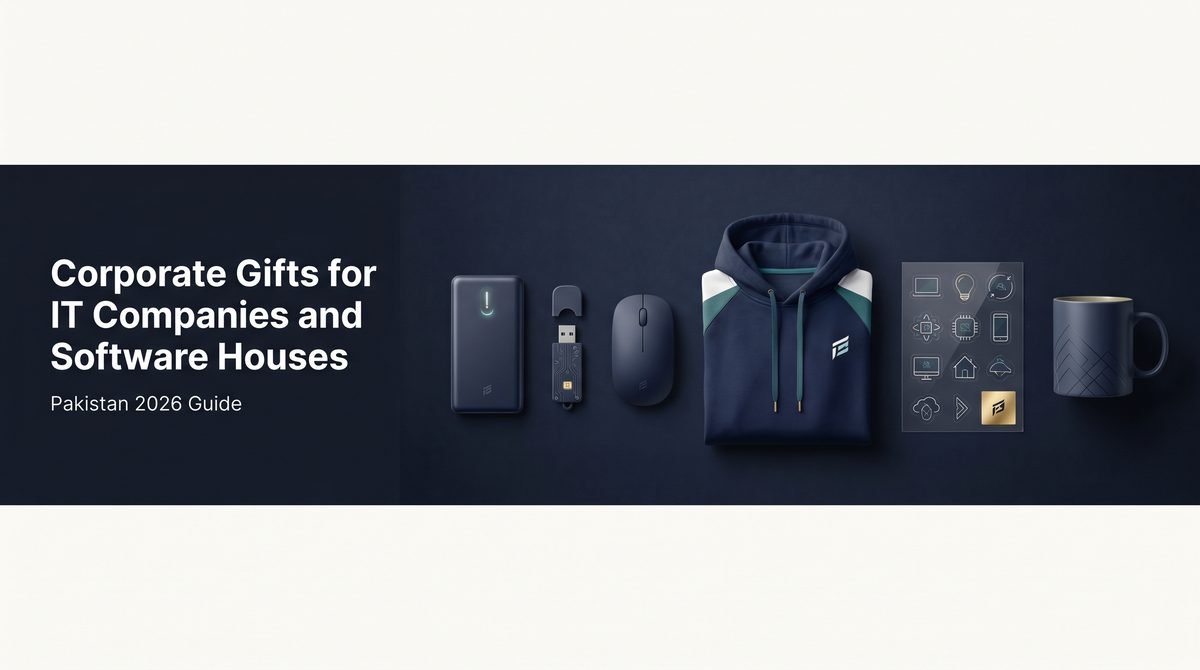 Tech corporate gifts for software houses — power bank, USB drive, wireless mouse, branded hoodie, mug and sticker set.