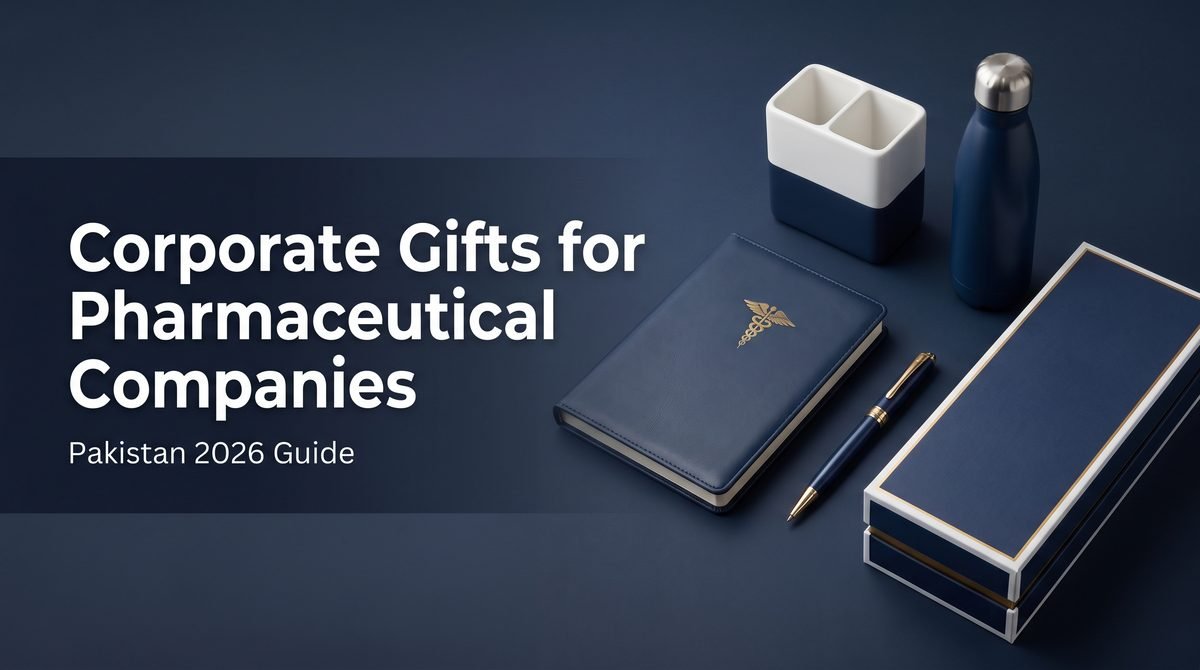 Professional corporate gifts for a pharmaceutical company — branded notebook, pen, desk organizer, metal bottle and gift box.