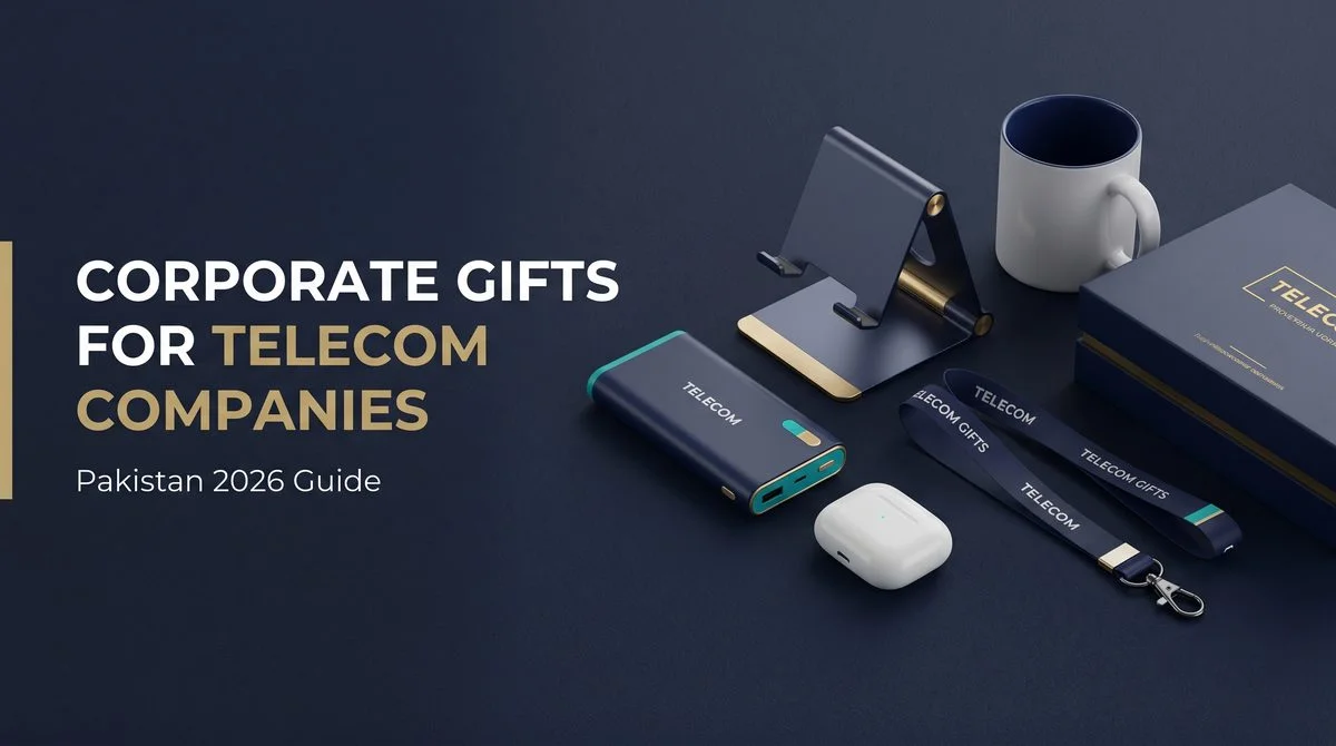 Corporate gifts for telecom companies — branded power bank, wireless earbuds case, phone stand, mug, lanyard and a navy gift box.