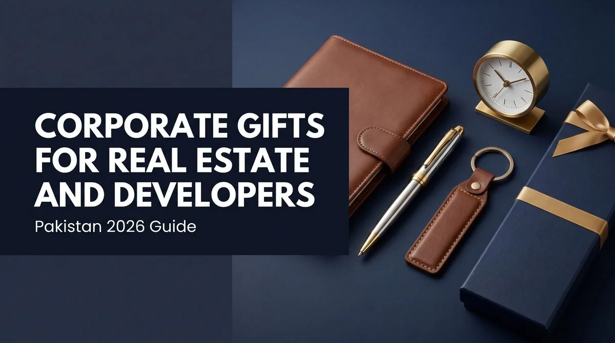 Premium corporate gifts for real estate and developers — leather portfolio, executive pen, gold desk clock, leather keychain and a navy gift box.