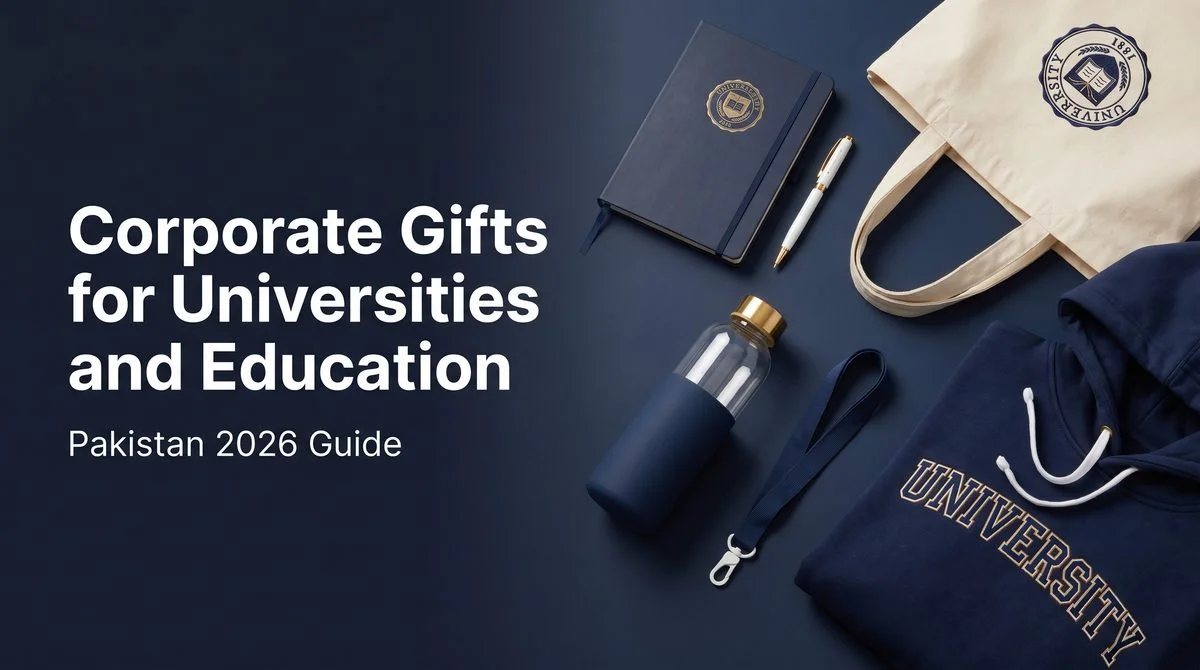 Campus corporate gifts for universities — branded notebook, pen, tote bag, water bottle, lanyard and a hoodie.