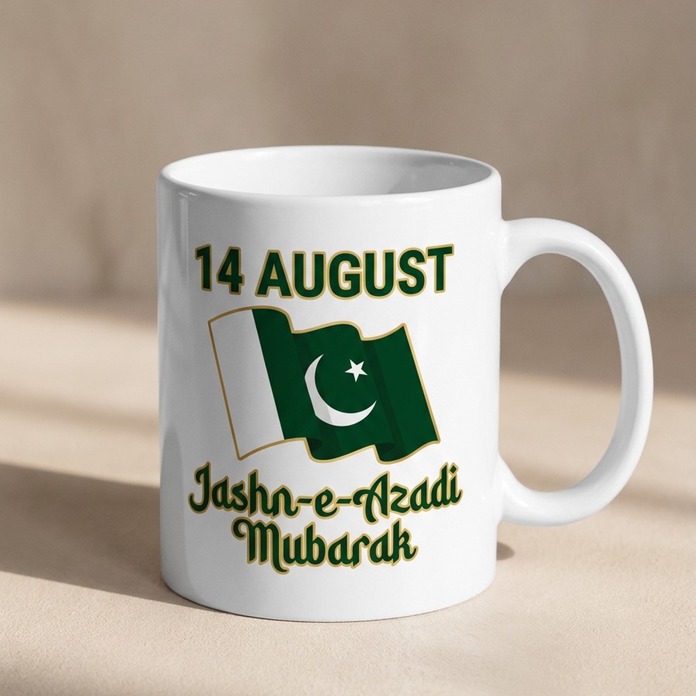 Customized 14 August Independence Day mug with Pakistan flag and Jashn-e-Azadi Mubarak