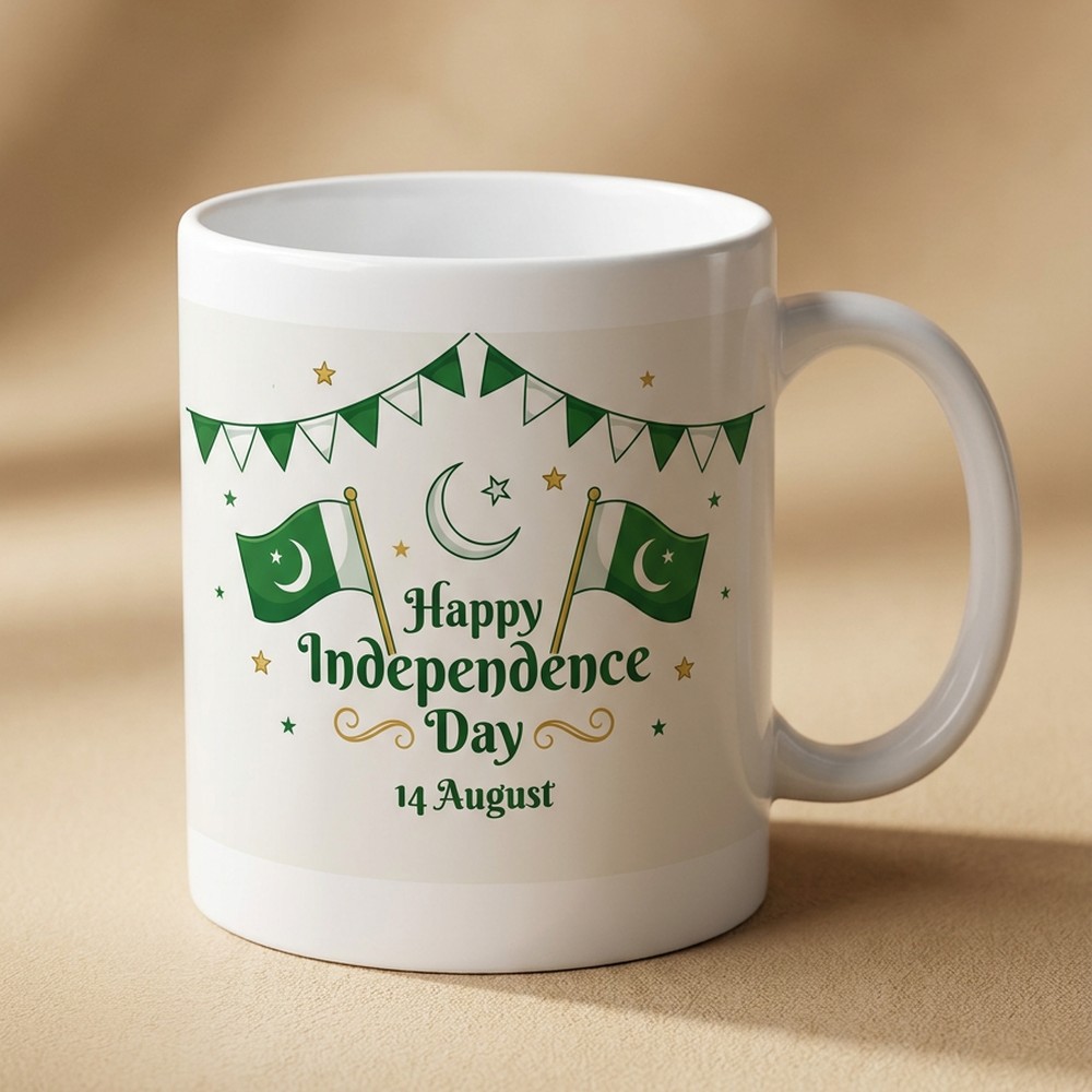 Festive Happy Independence Day 14 August mug with Pakistan flags and bunting