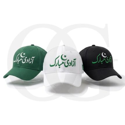 Azadi Mubarak embroidered caps in green, white and black for 14 August