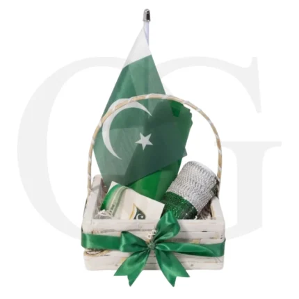 Green 14 August gift basket with Pakistan flag, studded bottle and bow