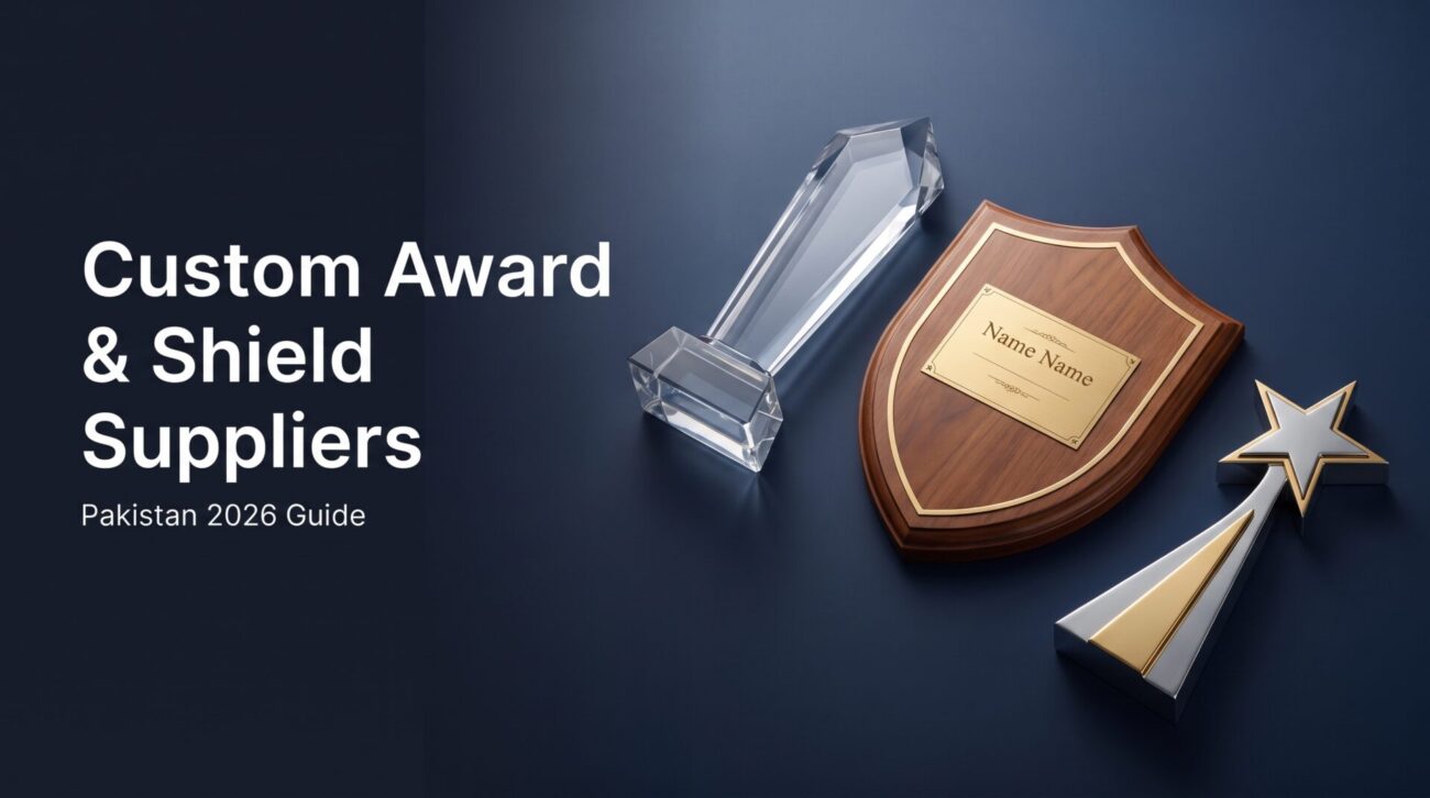 Custom crystal trophy, engraved wooden shield plaque and metal star award from corporate award and shield suppliers in Pakistan