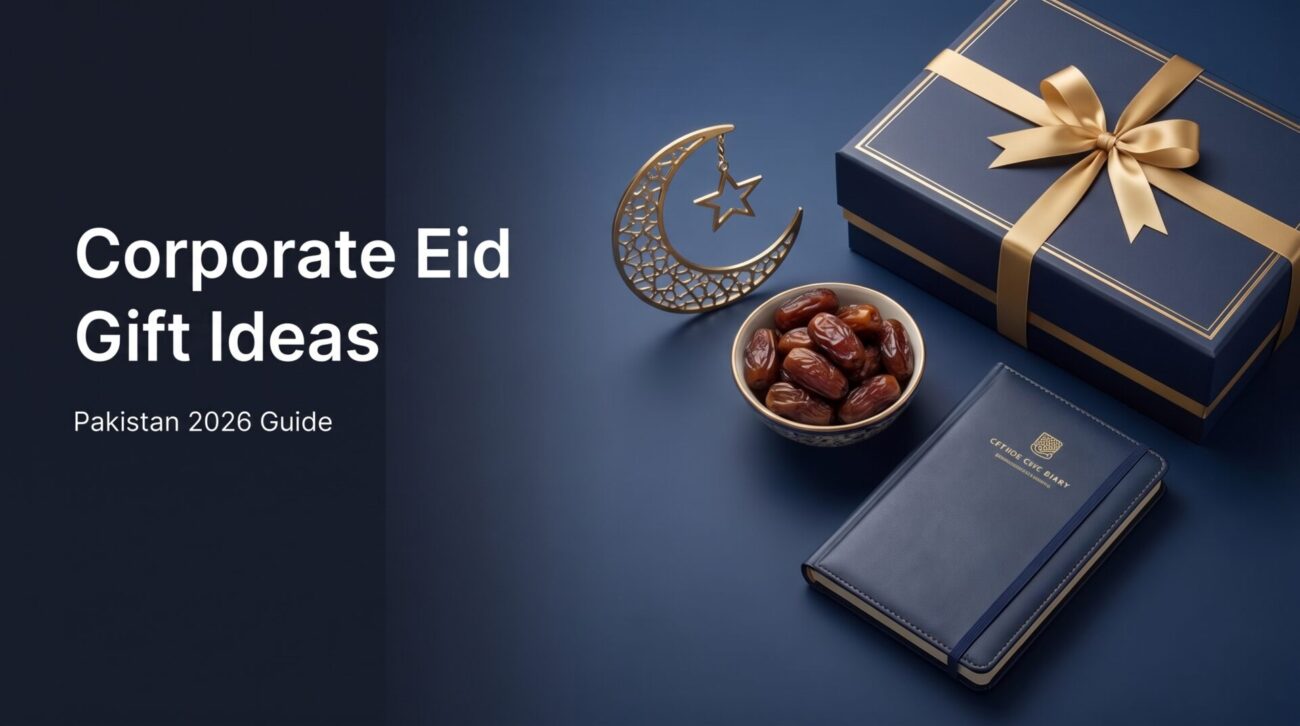 Corporate Eid gift box with gold ribbon, a bowl of dates and a crescent moon and star decoration in Pakistan