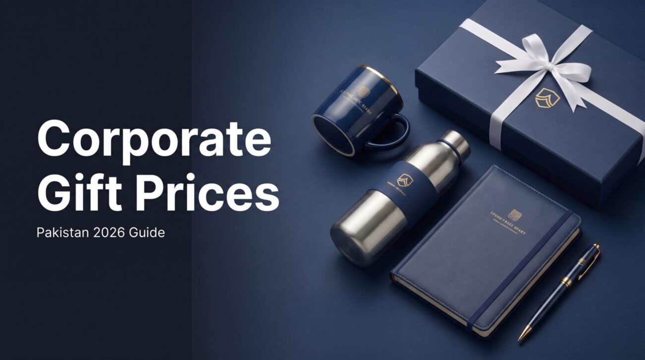 Corporate gift set with branded mug, steel water bottle, leather diary, pen and gift box showing corporate gift prices in Pakistan