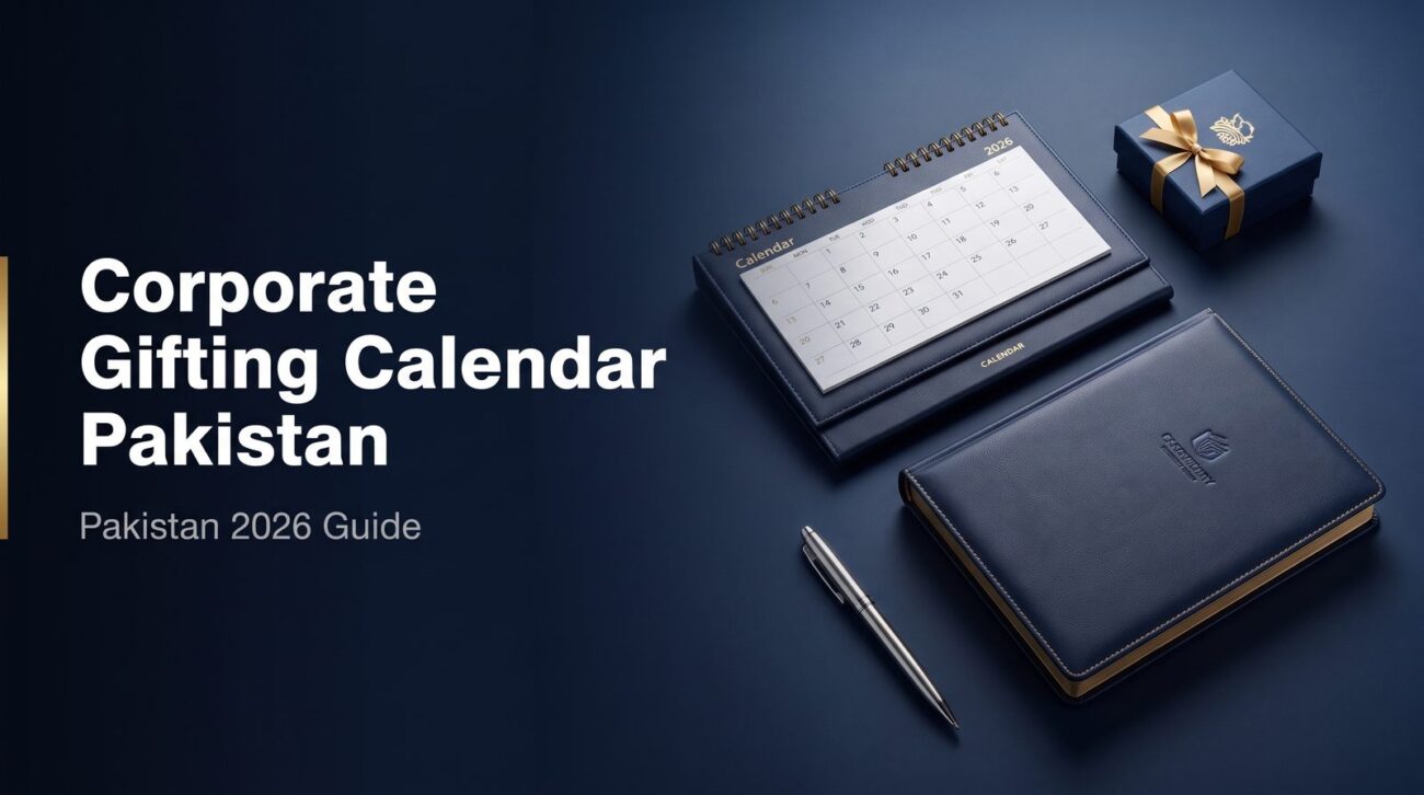 Corporate gifting calendar and premium gifts flat-lay Pakistan