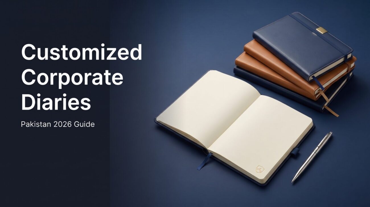 Customized leather corporate diaries in navy and tan with a branded pen in Pakistan