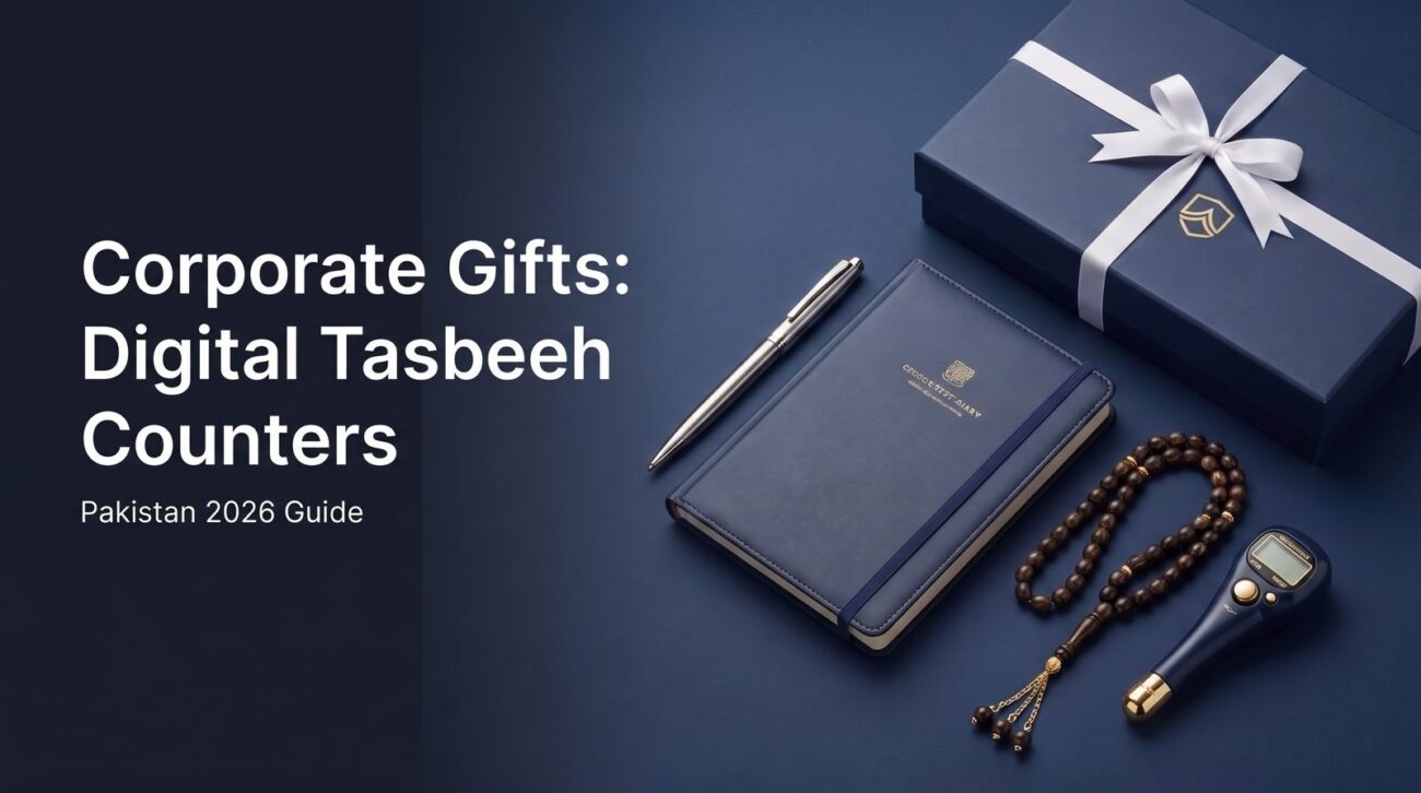 Digital tasbeeh counters and premium corporate gifts flat-lay