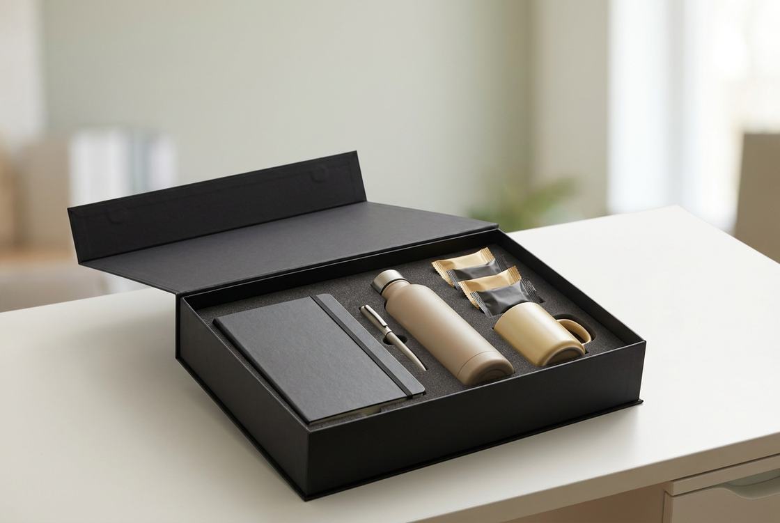 Open premium corporate employee gift box with notebook, pen, water bottle and mug on an office desk