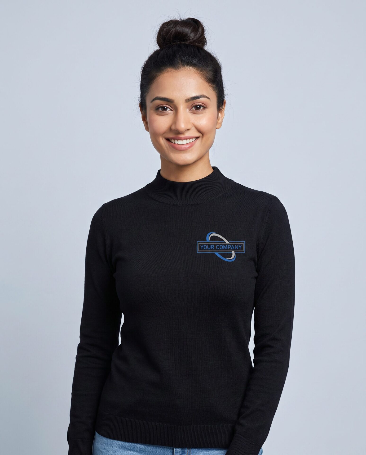 Black Fleas Sweater - female model with YOUR COMPANY logo