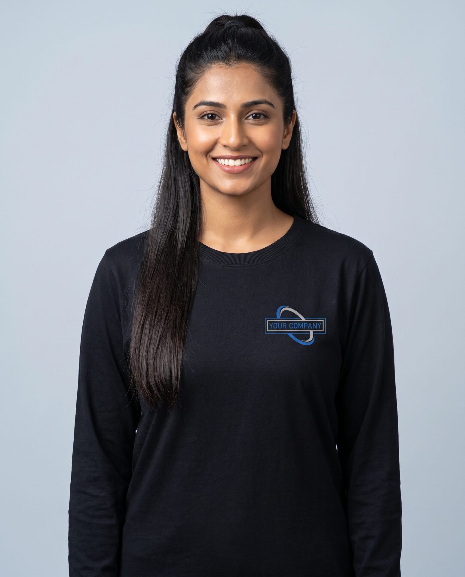 Full Sleeves T-Shirt - female model with YOUR COMPANY logo