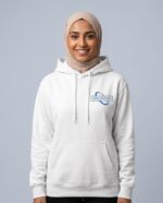 Pullover Hoodie - female model with YOUR COMPANY logo