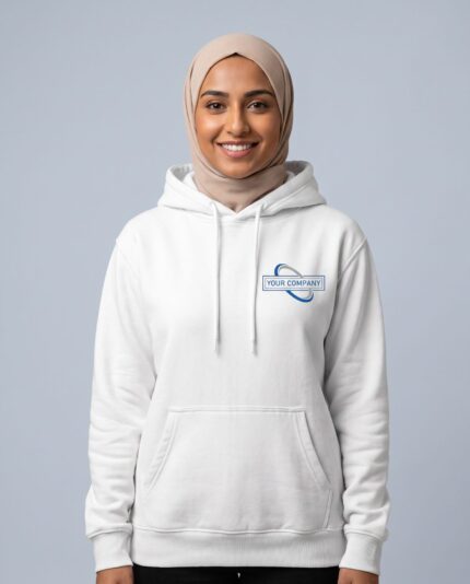 Pullover Hoodie - female model with YOUR COMPANY logo