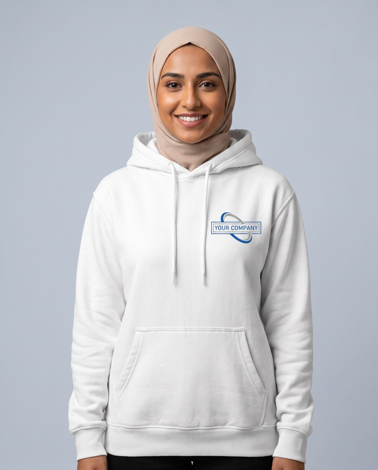Pullover Hoodie - female model with YOUR COMPANY logo