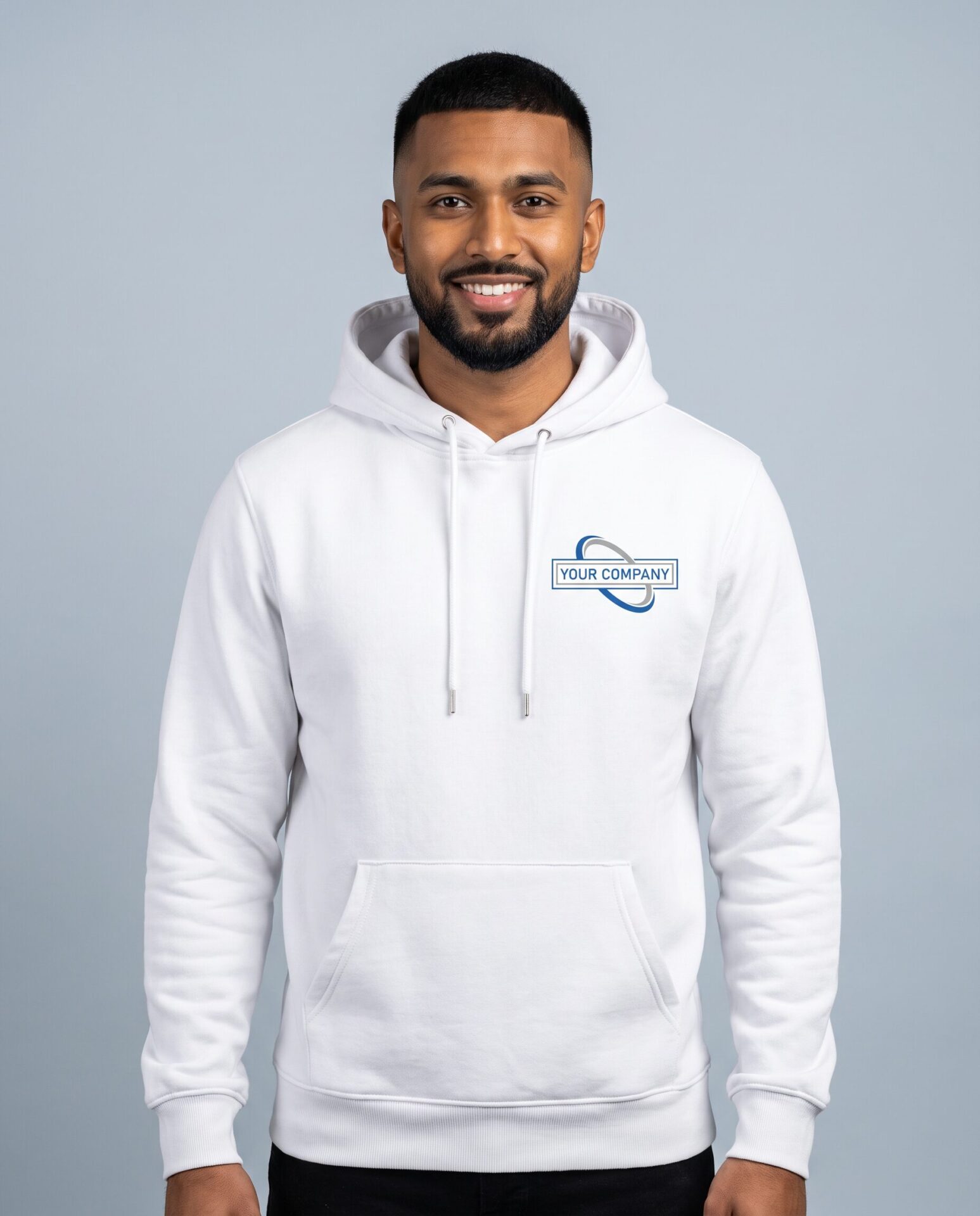 Pullover Hoodie - male model with YOUR COMPANY logo