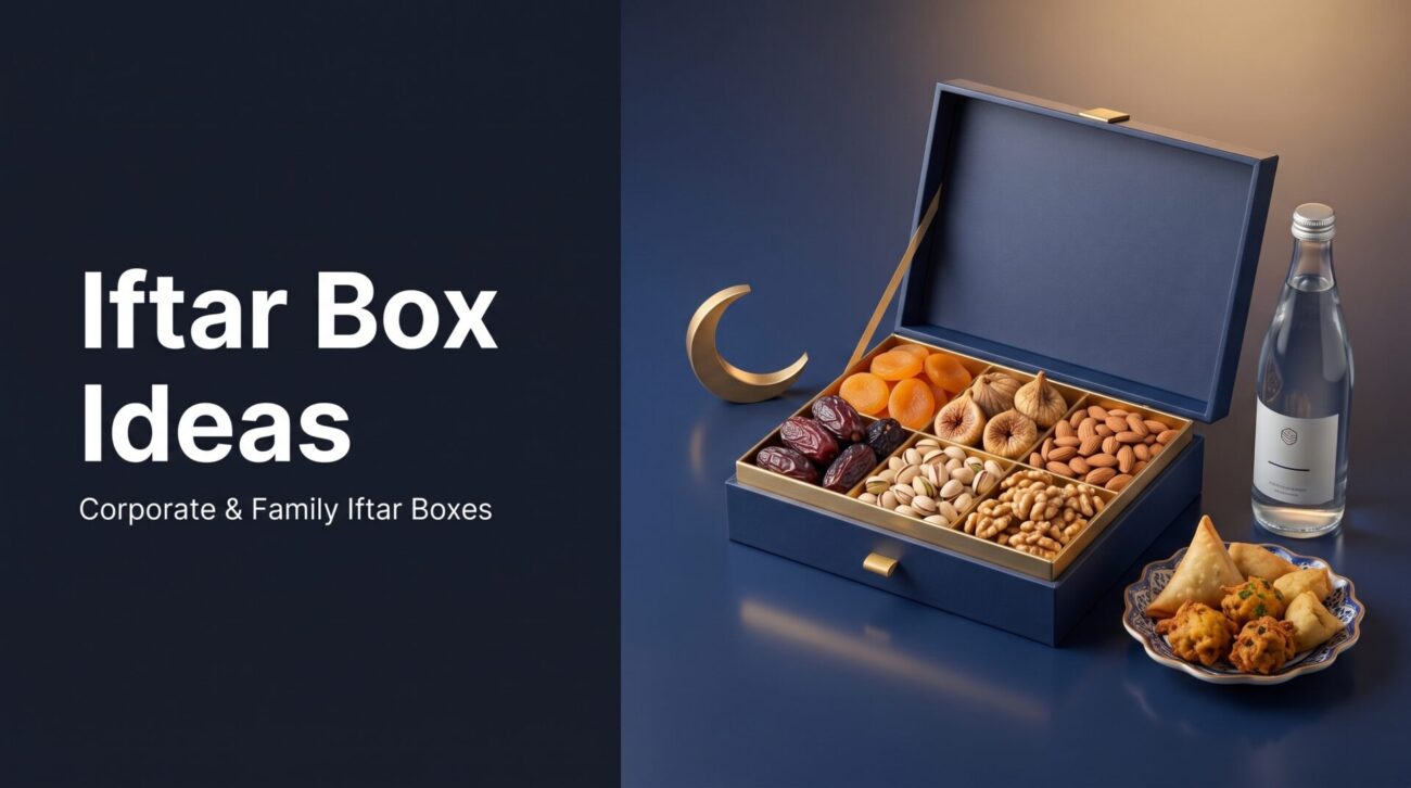 Iftar box filled with dates, dried fruits, nuts, snacks and water for corporate and family iftar in Pakistan