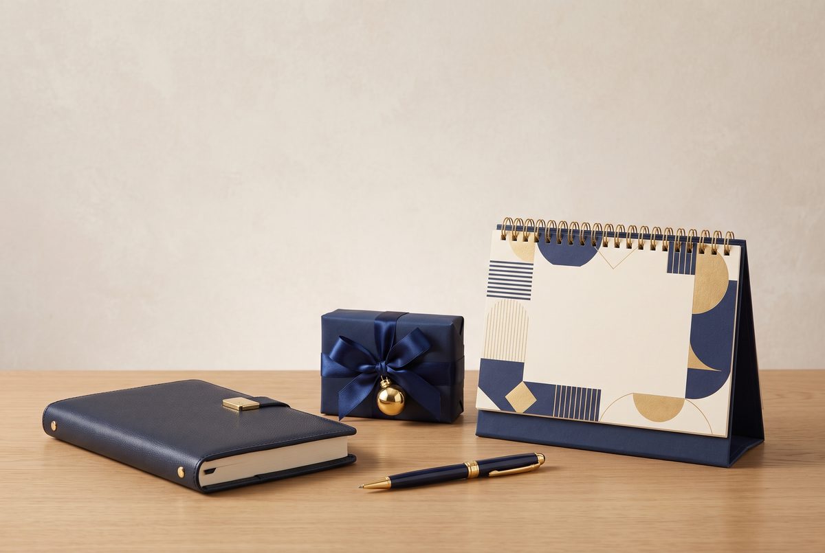 Corporate gifting calendar and planner flat-lay