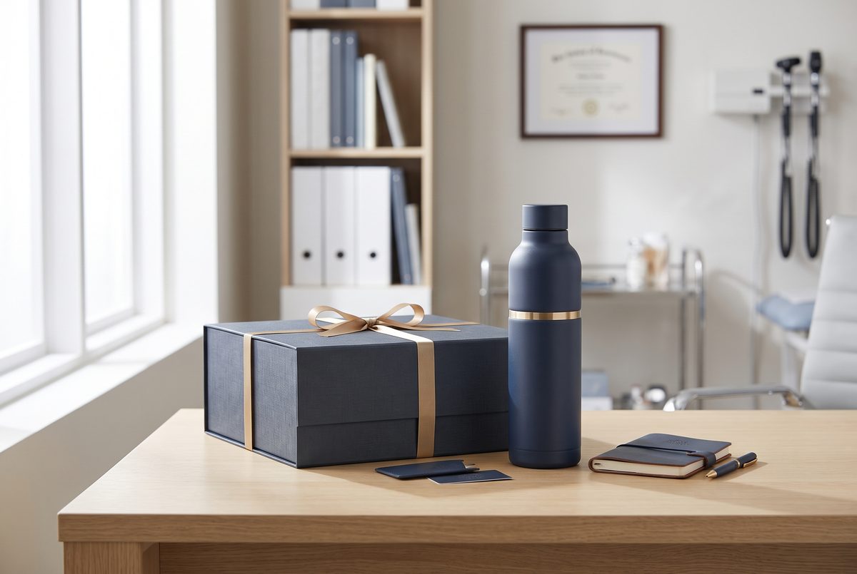 Corporate gift box and bottle in a healthcare office