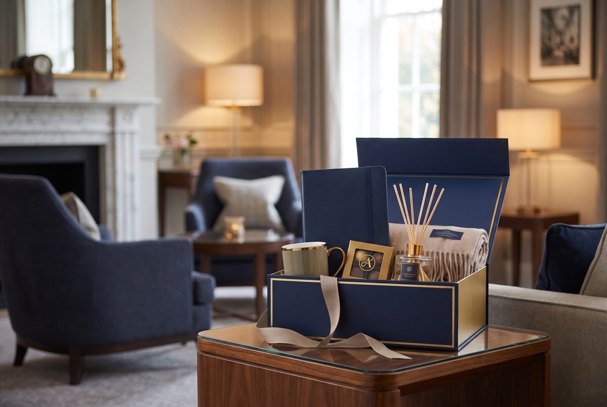 Welcome gift hamper in an upscale hotel setting