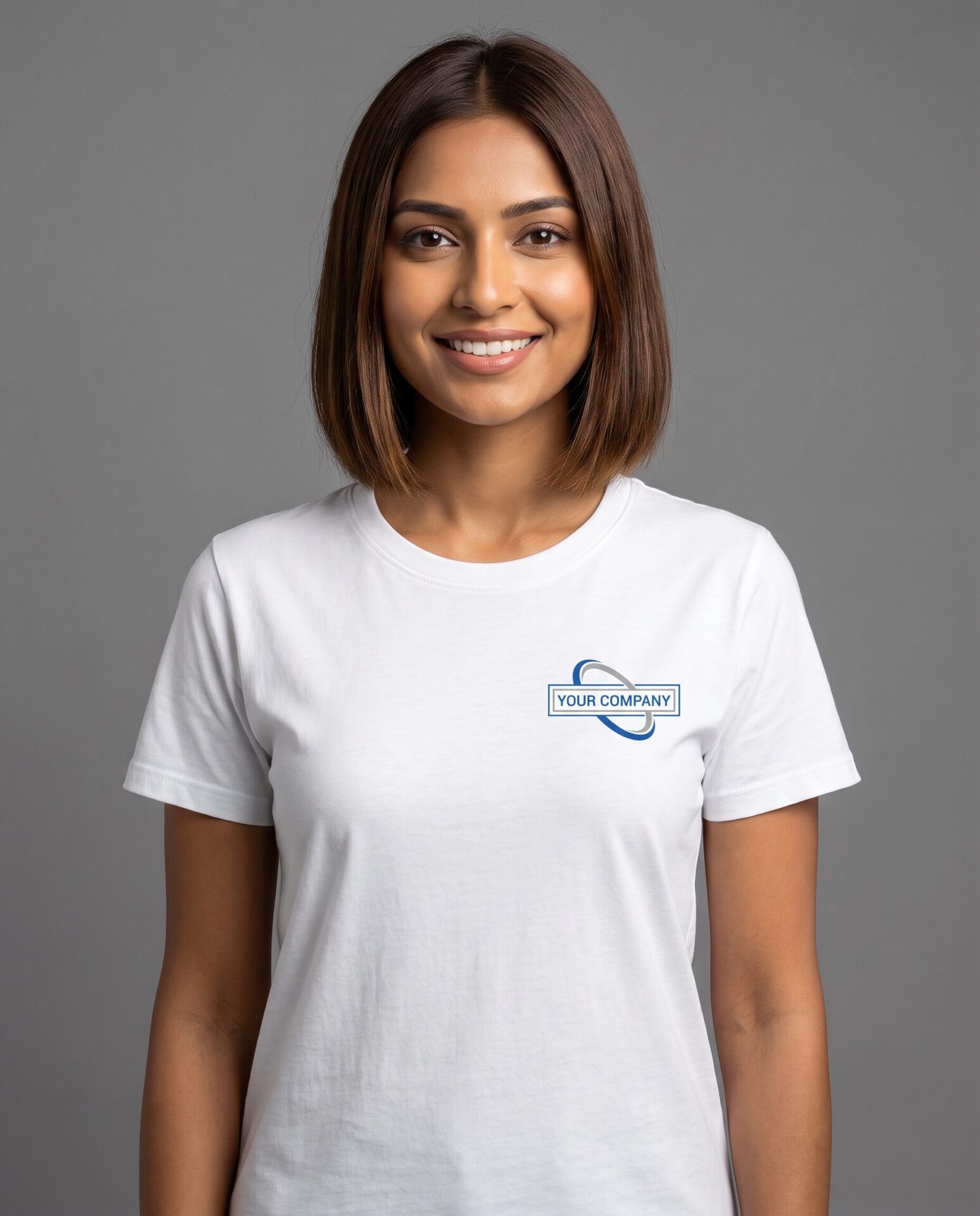 White Round Neon Shirt - female model with YOUR COMPANY logo