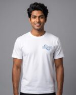 White Round Neon Shirt - male model with YOUR COMPANY logo