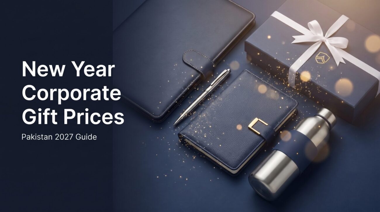 New Year corporate gift set with leather diary, pen, steel water bottle and gift box showing prices in Pakistan