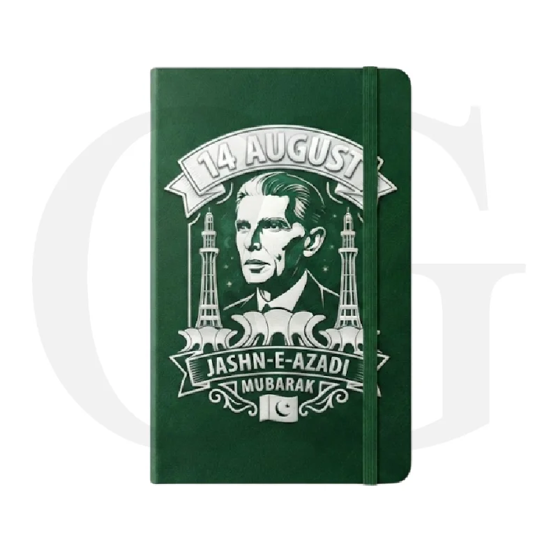 Green Jashn-e-Azadi Mubarak notebook with Quaid-e-Azam design