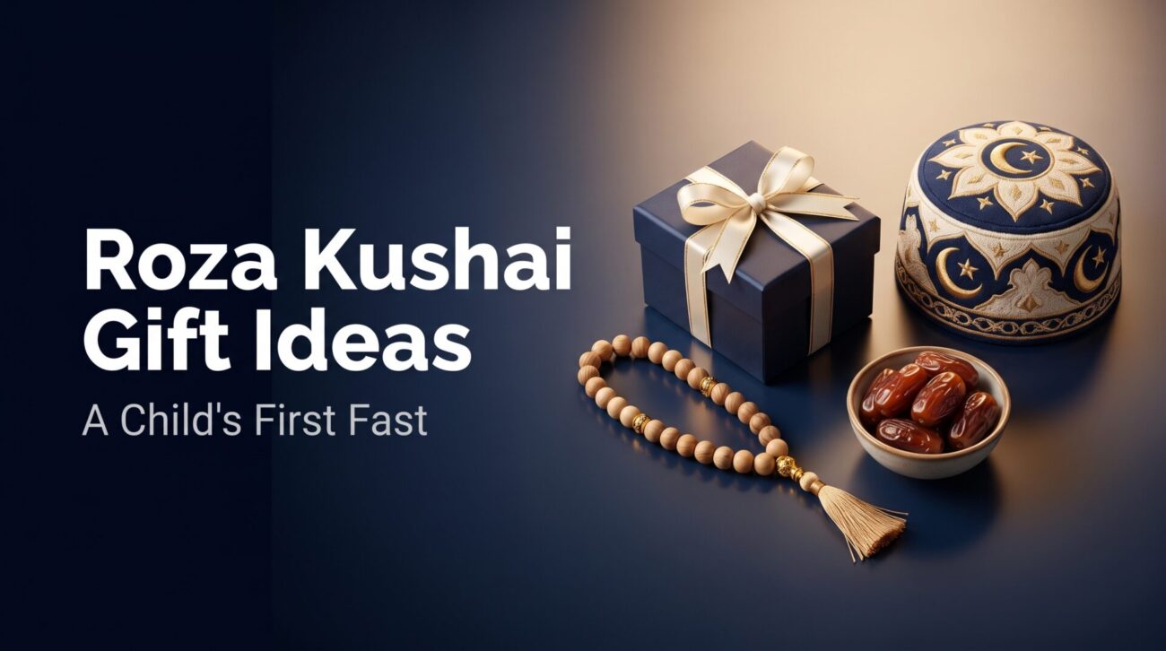 Roza Kushai gift ideas with a gift box, wooden prayer beads, dates and an embroidered prayer cap for a child's first fast