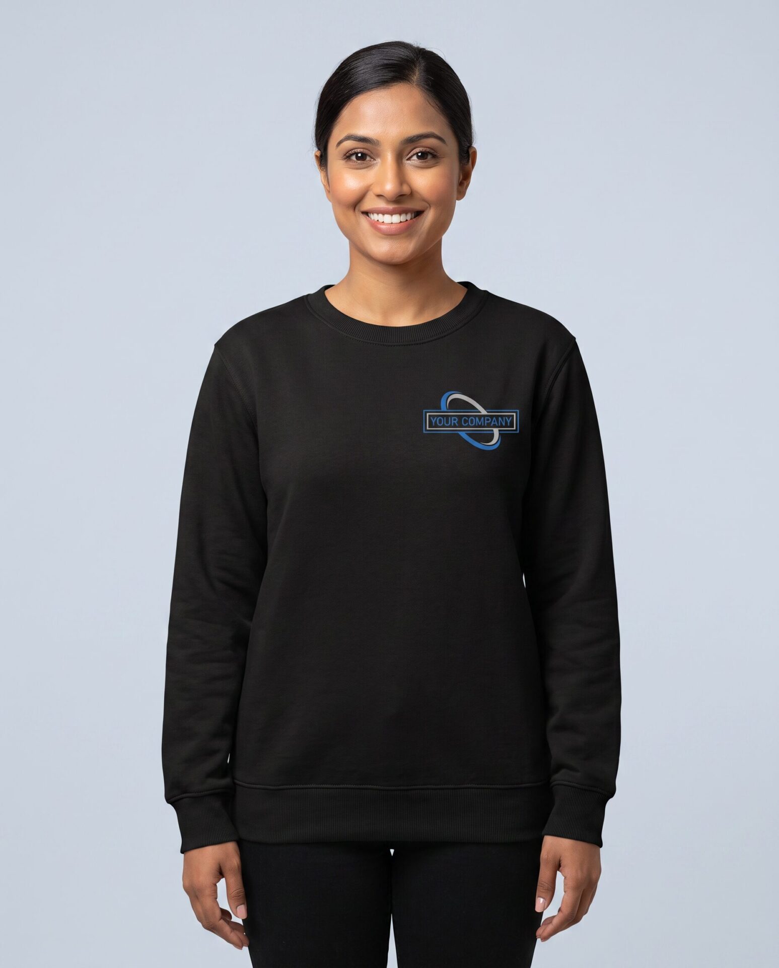 Black Sweat Shirt - female model with YOUR COMPANY logo