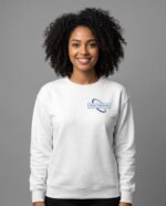 White Sweat Shirt - female model with YOUR COMPANY logo