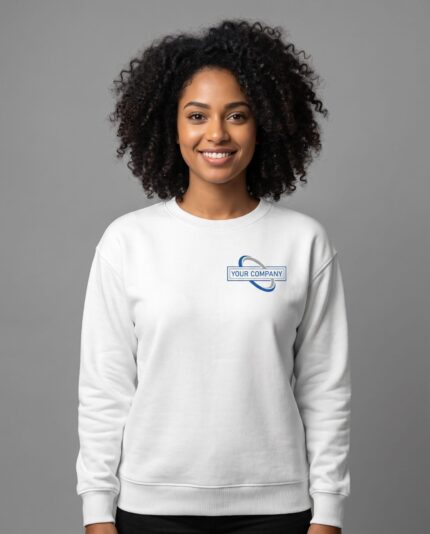 White Sweat Shirt - female model with YOUR COMPANY logo