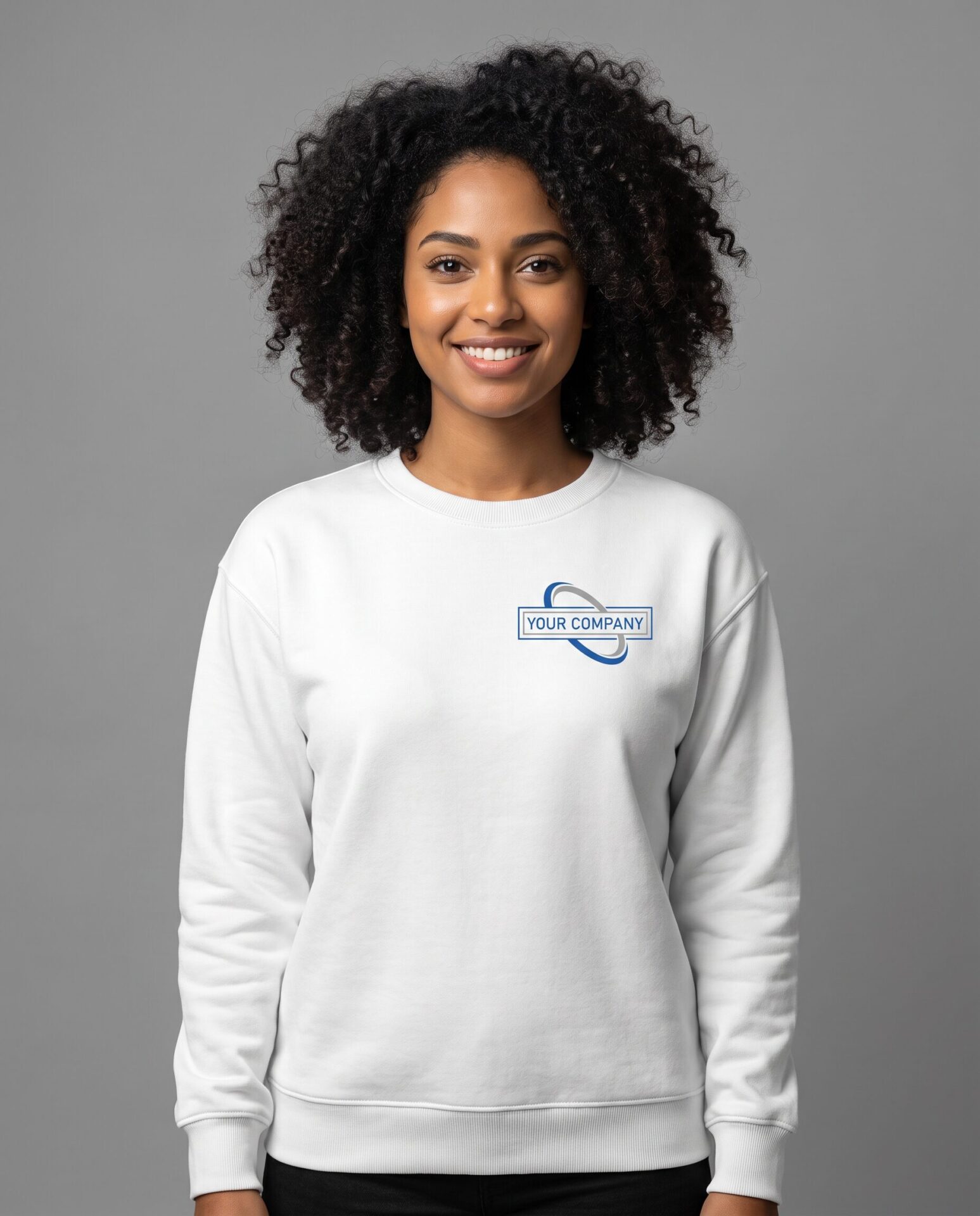 White Sweat Shirt - female model with YOUR COMPANY logo