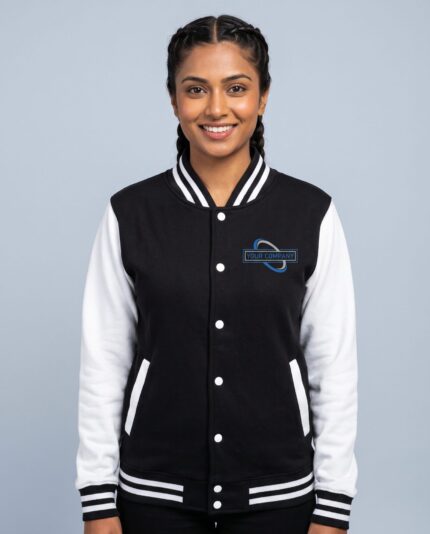 Varsity Jacket - female model with YOUR COMPANY logo